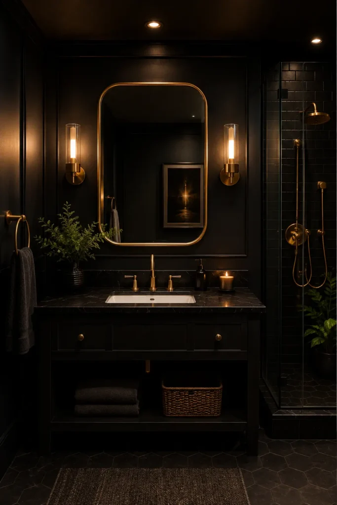 Dark moody bathroom with matte black walls, brass-framed mirror, black vanity, white sink, and warm wall sconces.