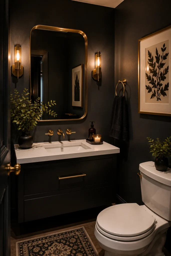 Modern half bathroom with charcoal-painted walls, black vanity, white sink, gold-framed mirror, warm wall sconces, and cozy dramatic decor.