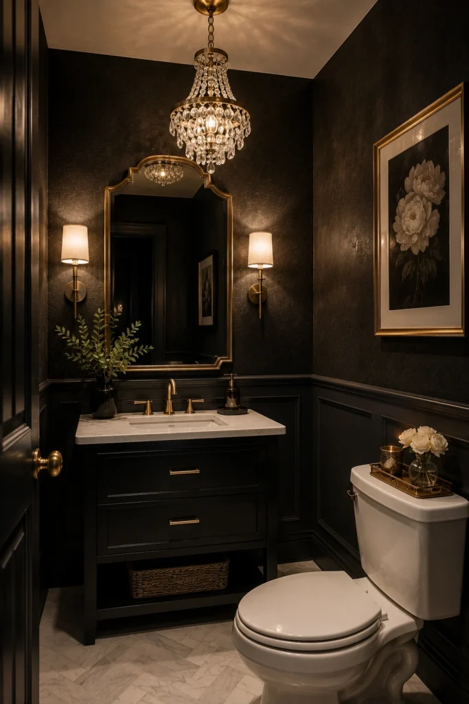 Elegant half bathroom featuring a crystal chandelier, black walls, black vanity, gold-framed mirror, warm wall sconces, white sink, and sophisticated luxury decor.