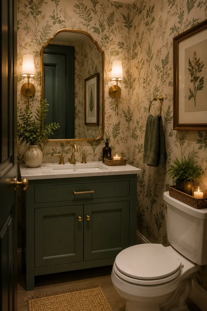 Cozy guest half bathroom with a green vanity, botanical floral wallpaper, gold-framed mirror, brass faucet, decorative greenery, and warm ambient lighting.
