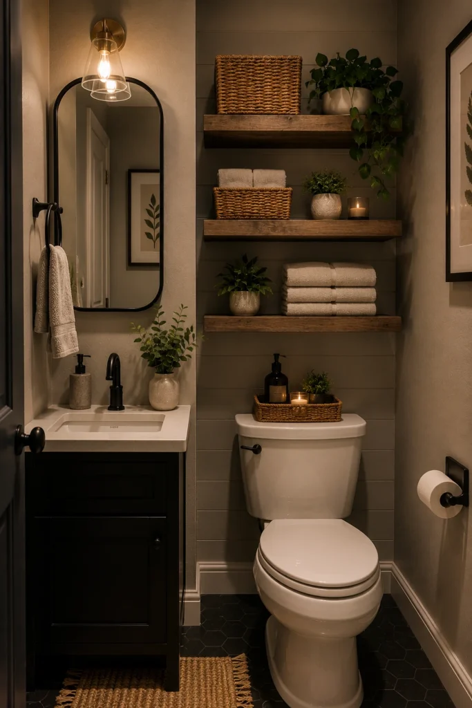 Tiny half bathroom with floating wood shelves above the toilet, woven storage baskets, folded towels, compact vanity, decorative plants, and elegant neutral decor.
