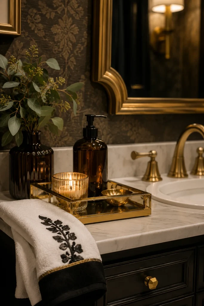 Close-up of a glam bathroom vanity featuring a gold decorative tray, amber soap bottle, lit candle, black and white hand towel, brass faucet, and elegant luxury decor accents.