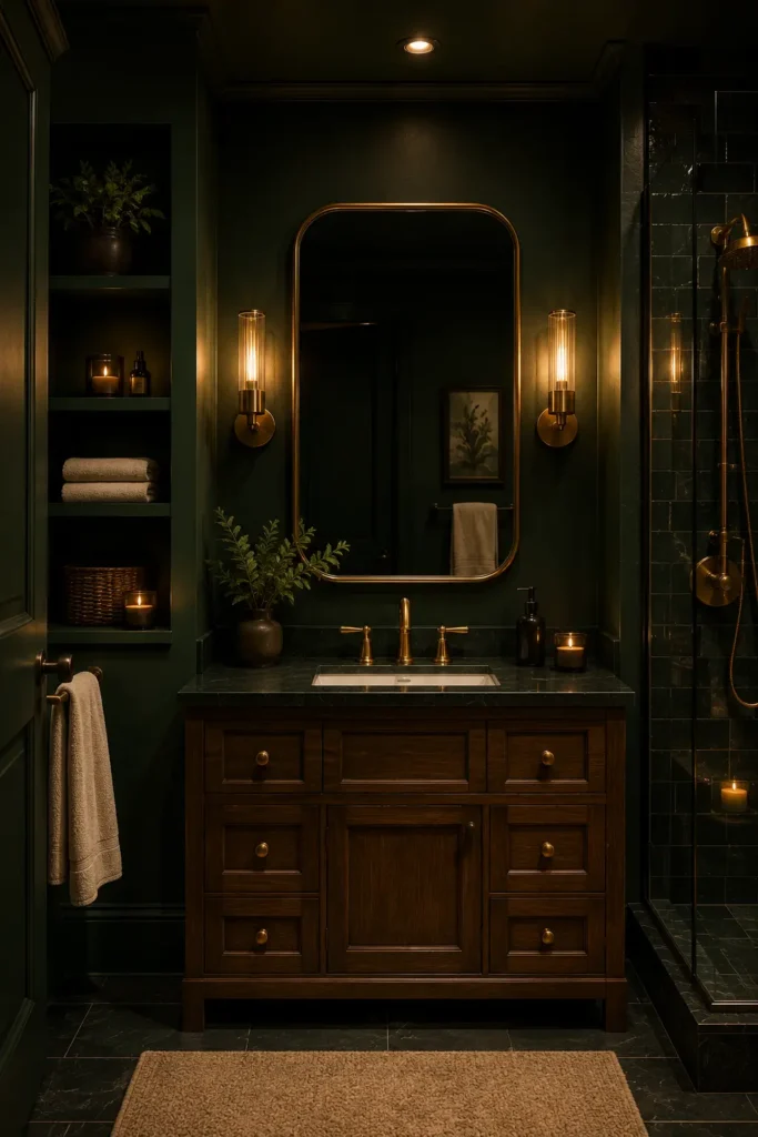 Dark green bathroom with forest green walls, wood vanity, brass faucet, cream towels, warm wall sconces, and elegant spa-inspired decor.