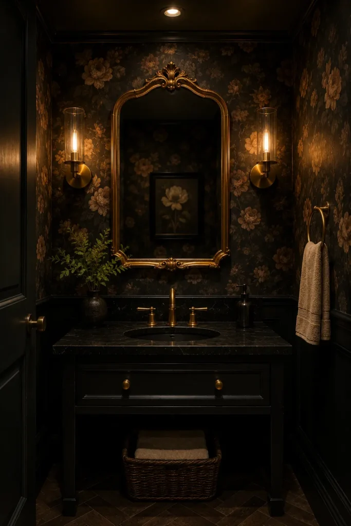 Small powder room with dark floral wallpaper, vintage gold mirror, black sink vanity, brass wall sconces, and dramatic moody lighting.
