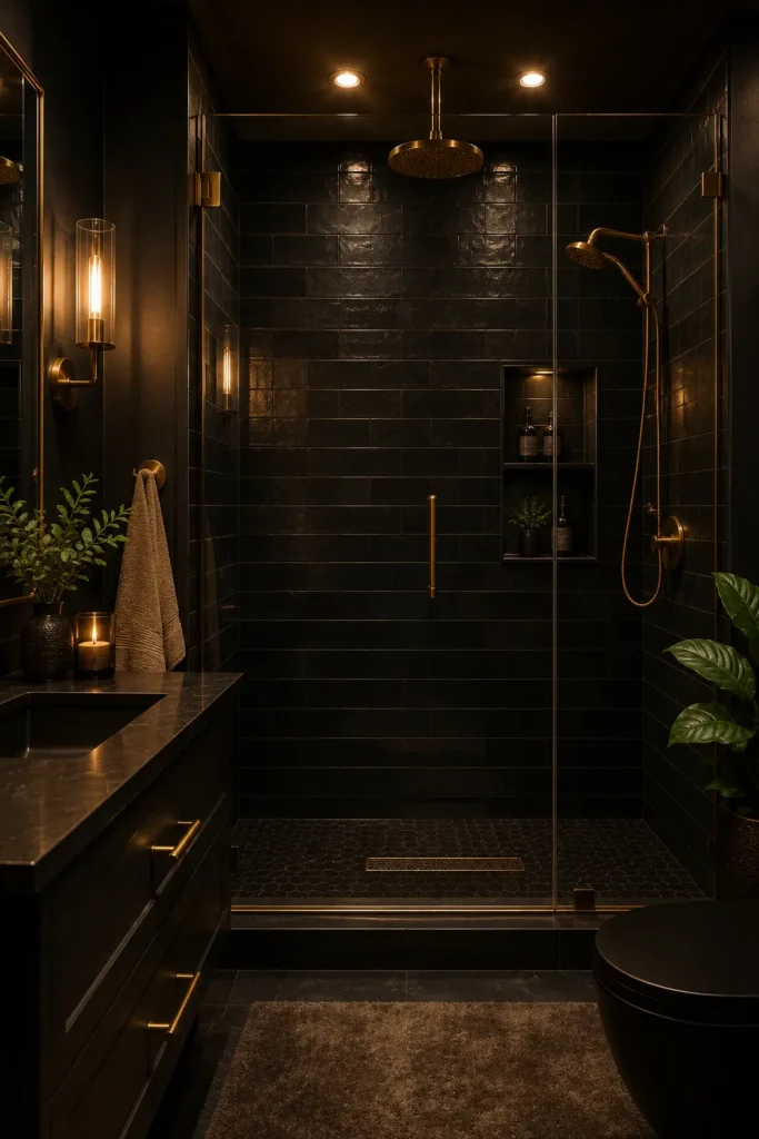 Modern dark bathroom featuring a black tiled walk-in shower, glass shower enclosure, brass fixtures, warm ambient lighting, and luxurious spa-inspired decor.