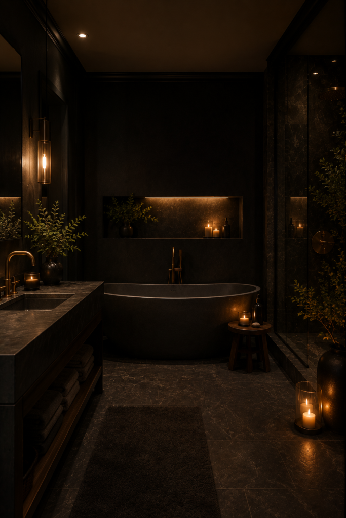 Moody spa bathroom with deep black walls, freestanding bathtub, candlelight, dark stone flooring, and warm ambient lighting creating a luxurious relaxing atmosphere.
