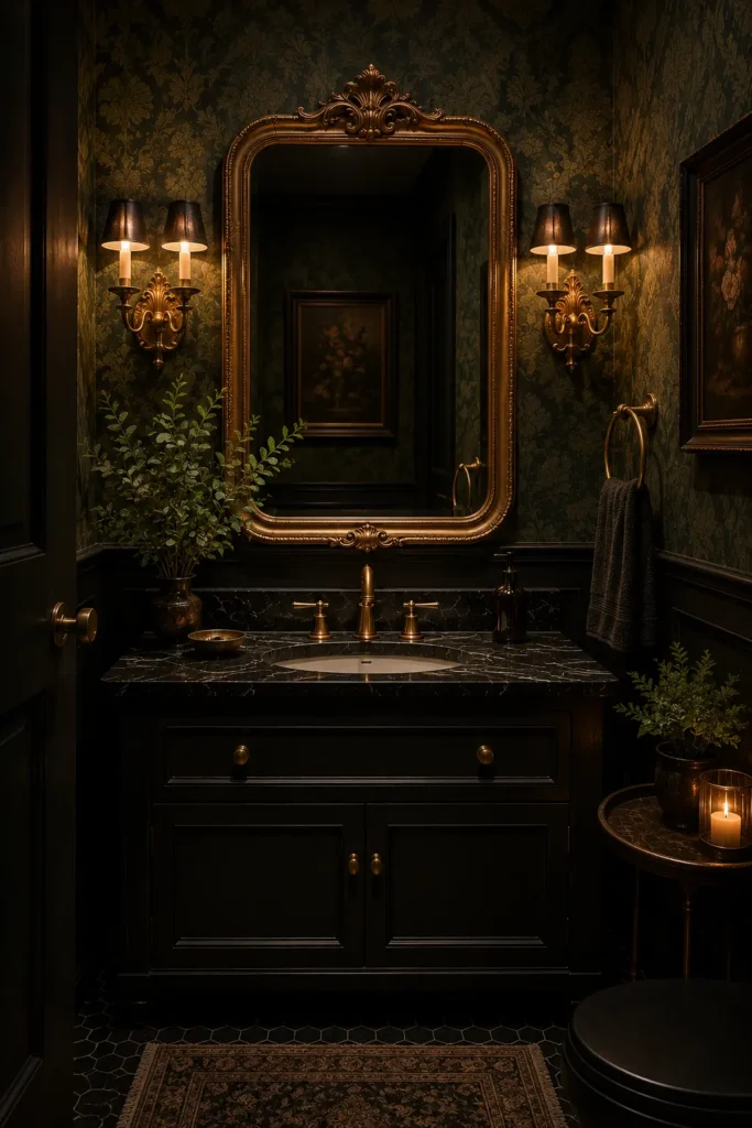 Vintage dark moody bathroom featuring an antique gold mirror, dark green wallpaper, black vanity, brass fixtures, and classic wall sconces with warm ambient lighting.