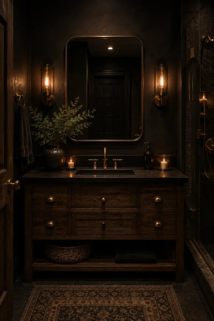 Dark moody bathroom with a dark wood vanity, black countertop, matte black walls, brass hardware, warm wall lighting, and modern rustic decor.