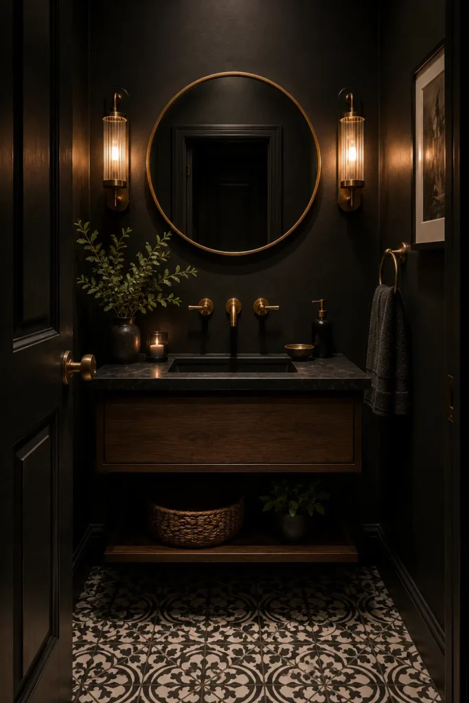 Small dark powder room with black walls, patterned floor tile, floating wood vanity, round brass mirror, and warm wall sconces creating a cozy luxury atmosphere.
