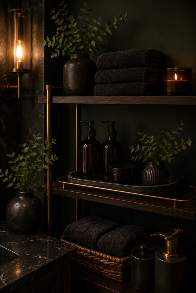 Dark moody bathroom shelf decor featuring black towels, amber soap bottles, a stone tray, candle, small green plants, brass accents, and a dark green wall backdrop.
