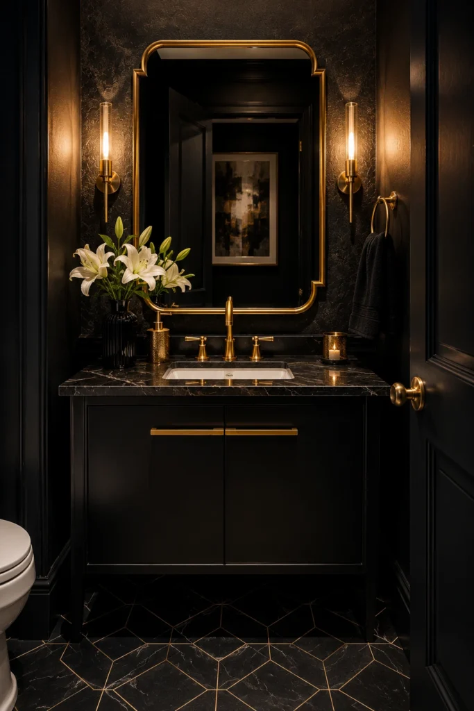 Luxury half bathroom with matte black walls, black vanity, white sink, brushed gold faucet, gold framed mirror, warm wall sconces, and elegant modern decor.