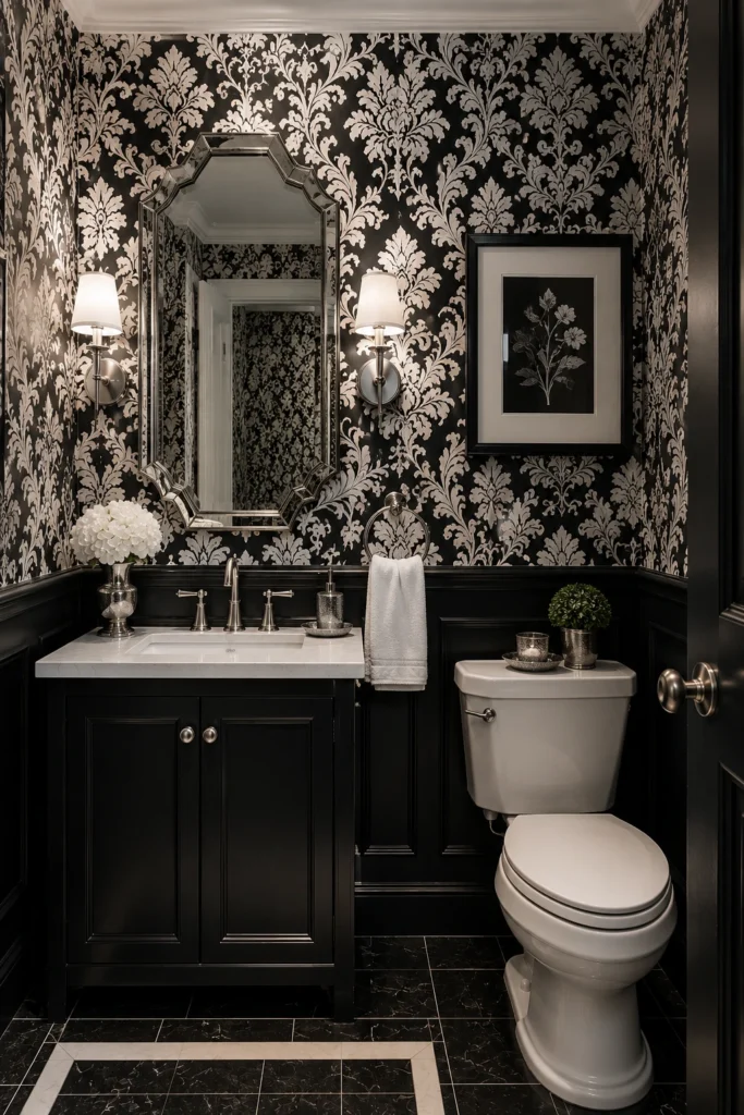 Small half bathroom featuring black and white damask wallpaper, a compact vanity, silver fixtures, an elegant framed mirror, and sophisticated decorative accents.