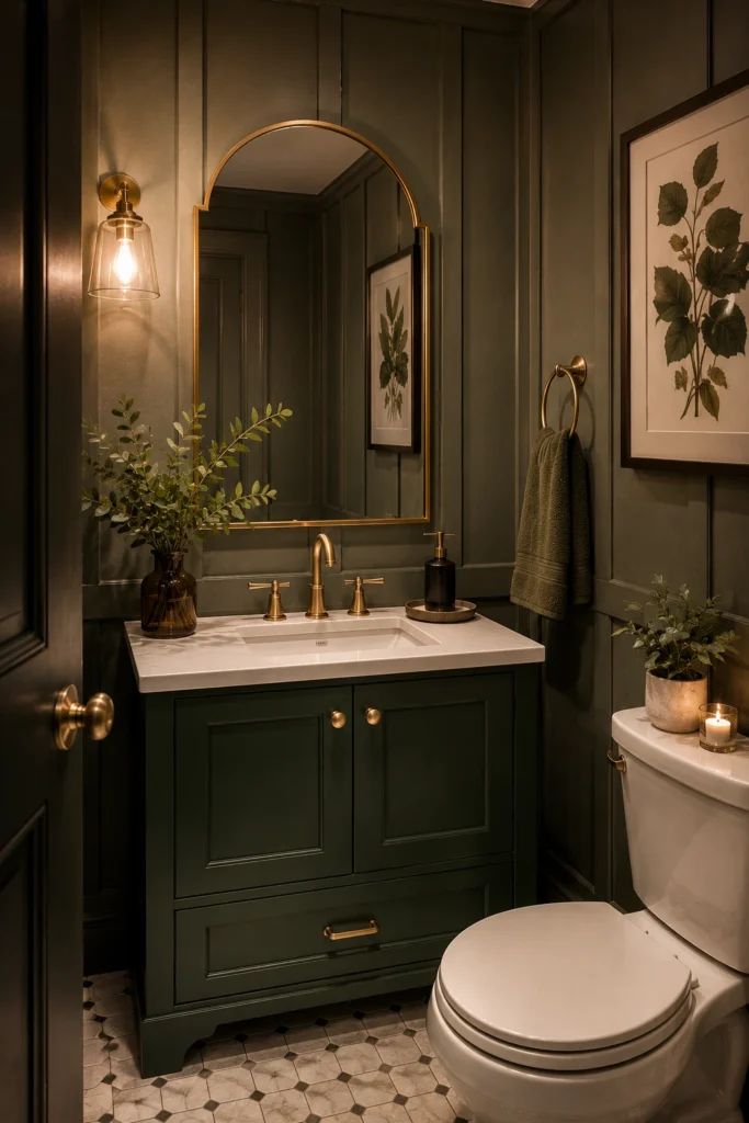 Elegant half bathroom featuring a deep green vanity, board and batten walls, brass hardware, botanical wall art, warm wall sconces, and sophisticated small-space decor.