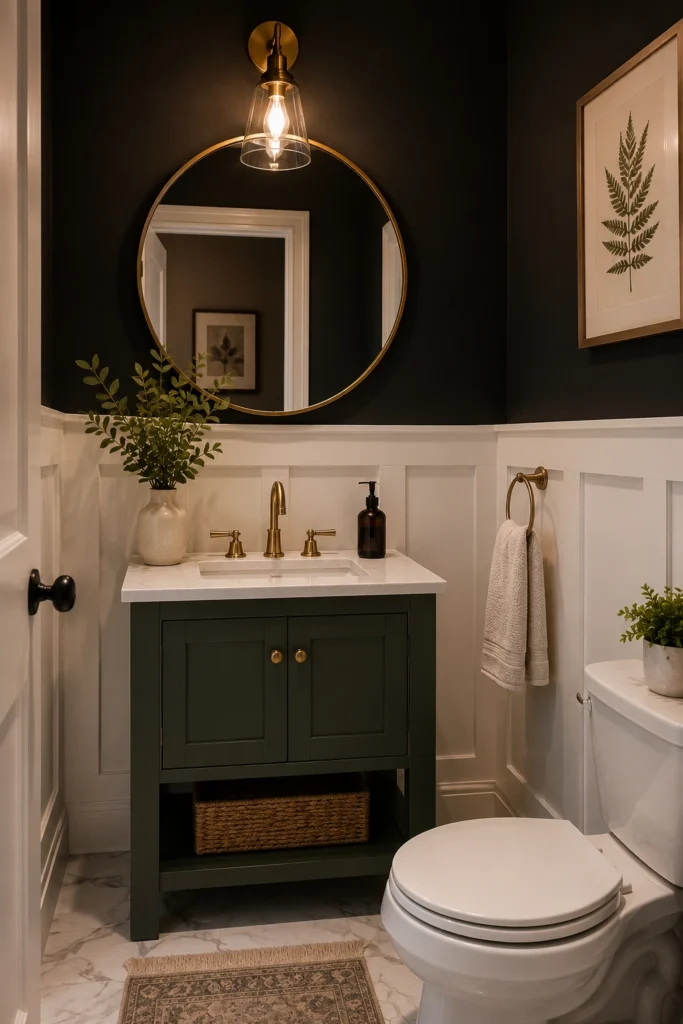 Small half bathroom featuring white board and batten wall trim, dark upper walls, a round brass-framed mirror, compact vanity, brass faucet, and elegant modern powder room decor.