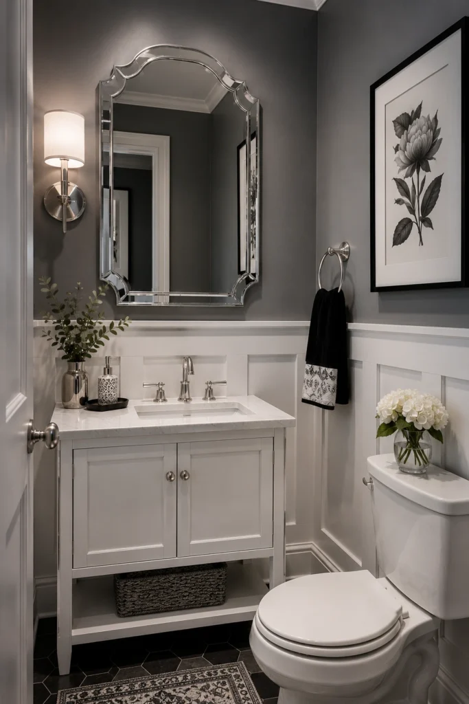 Small elegant bathroom with soft grey walls, silver faucet, decorative silver-framed mirror, white vanity, black and white accents, and sophisticated glam powder room decor.
