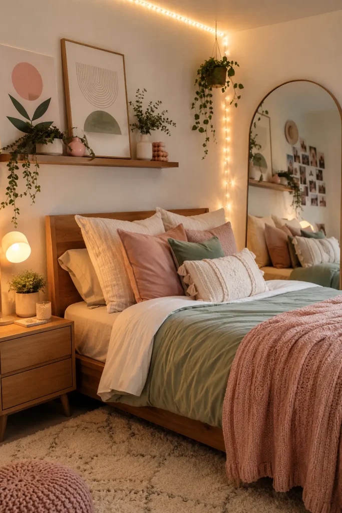 Teen room decor style with cozy bedding, LED lights, posters, shelves, mirror, and soft aesthetic colors.