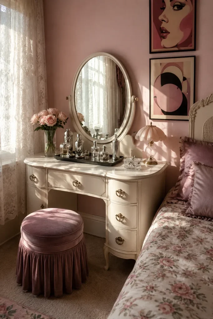 Girly pink 80s bedroom vanity with dusty pink walls, lace curtains, floral bedding, white furniture, chrome accents, and mauve details