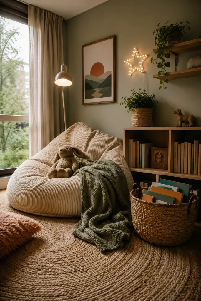 Big kids bedroom reading nook with floor cushion, low bookshelf, basket of books, warm lamp, soft rug, throw blanket, and cozy kid-friendly decor.