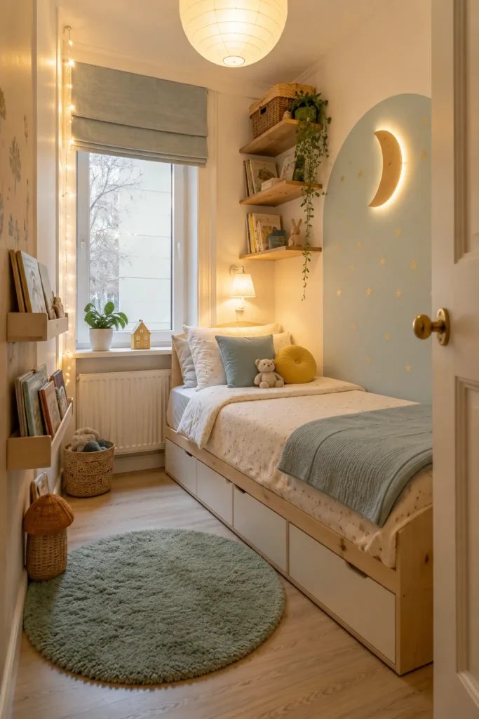 Small whimsical kids bedroom with compact bed, wall shelves, under-bed storage, light colors, and playful decor.