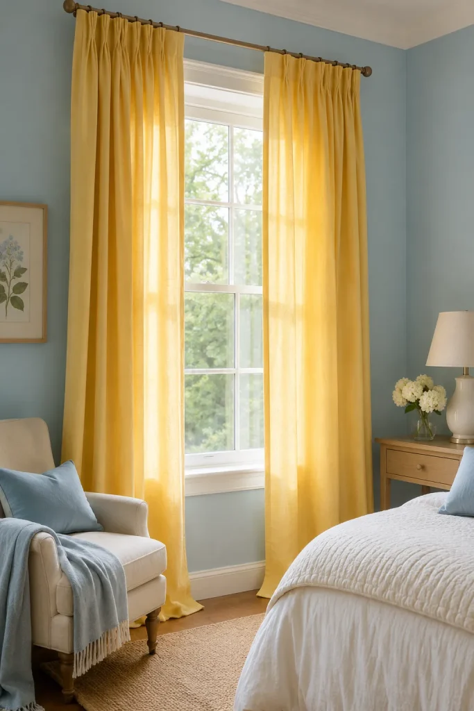 Blue and yellow bedroom with yellow curtains, soft blue walls, cozy bed, natural light, and warm stylish window decor.