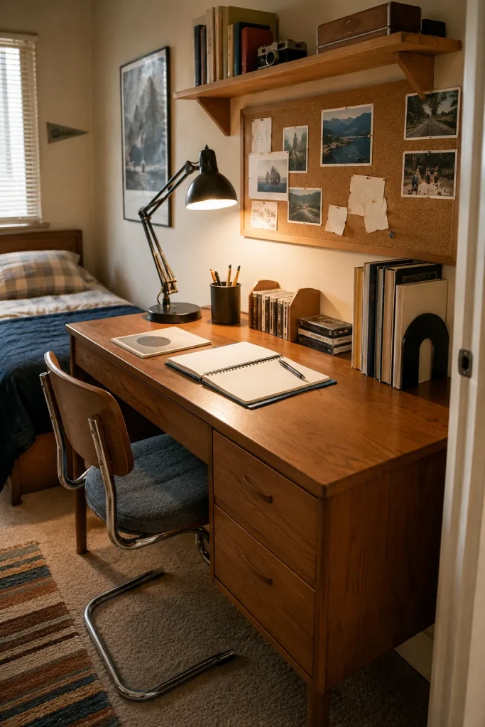80s bedroom desk corner with wood desk, task lamp, corkboard, curved chair, cassette tapes, books, pens, and cozy bed in background.