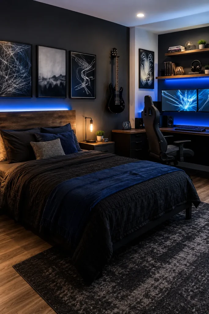 Cool teen boy room decor with gaming desk, LED lights, dark bedding, poster wall, shelves, and modern bedroom style.