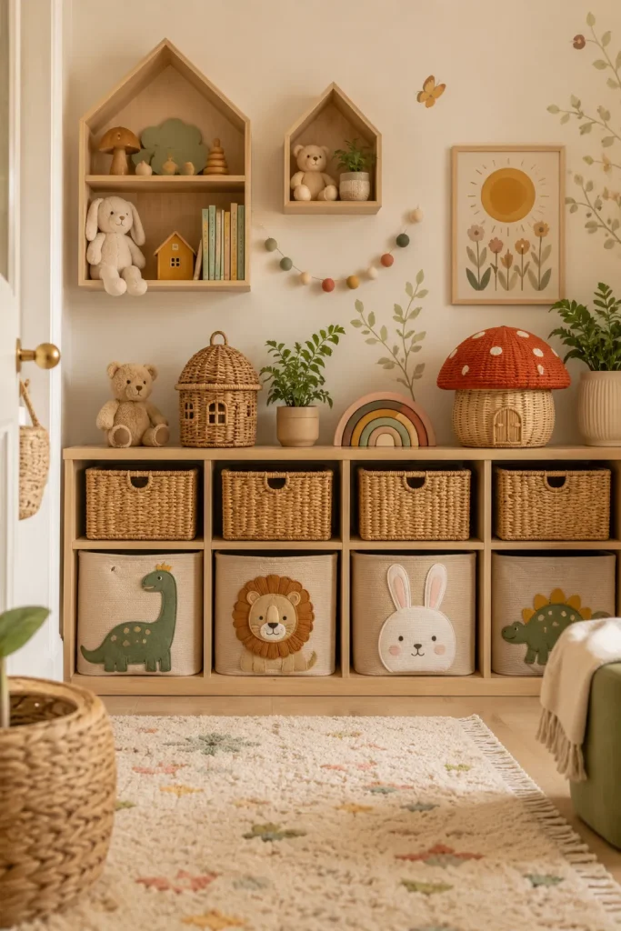 Whimsical kids bedroom storage with woven baskets, wall shelves, toy cubbies, books, and playful organized decor.