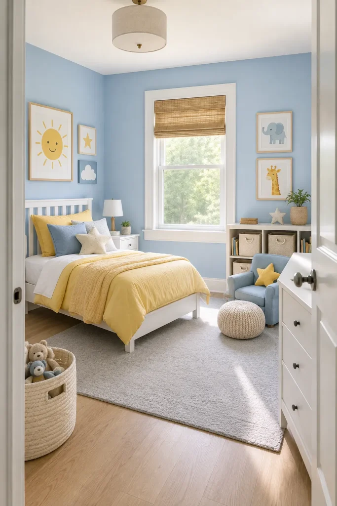 Blue and yellow kids bedroom with sky blue walls, butter yellow bedding, white furniture, toy storage, and cheerful playful decor.