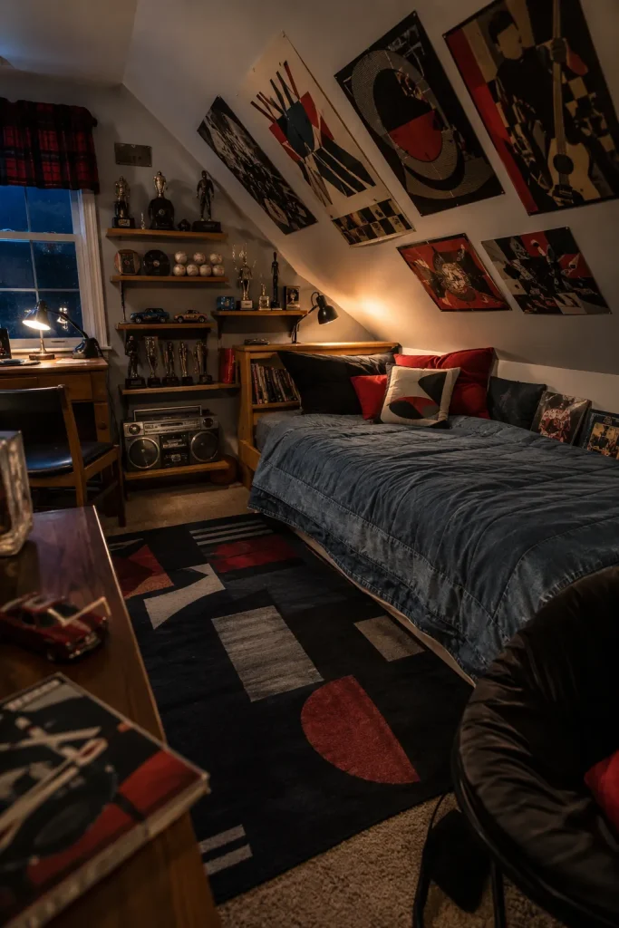Expressive 80s teen bedroom with denim blue bedding, red and black accents, abstract posters, wood furniture, shelf collections, and desk lamp.