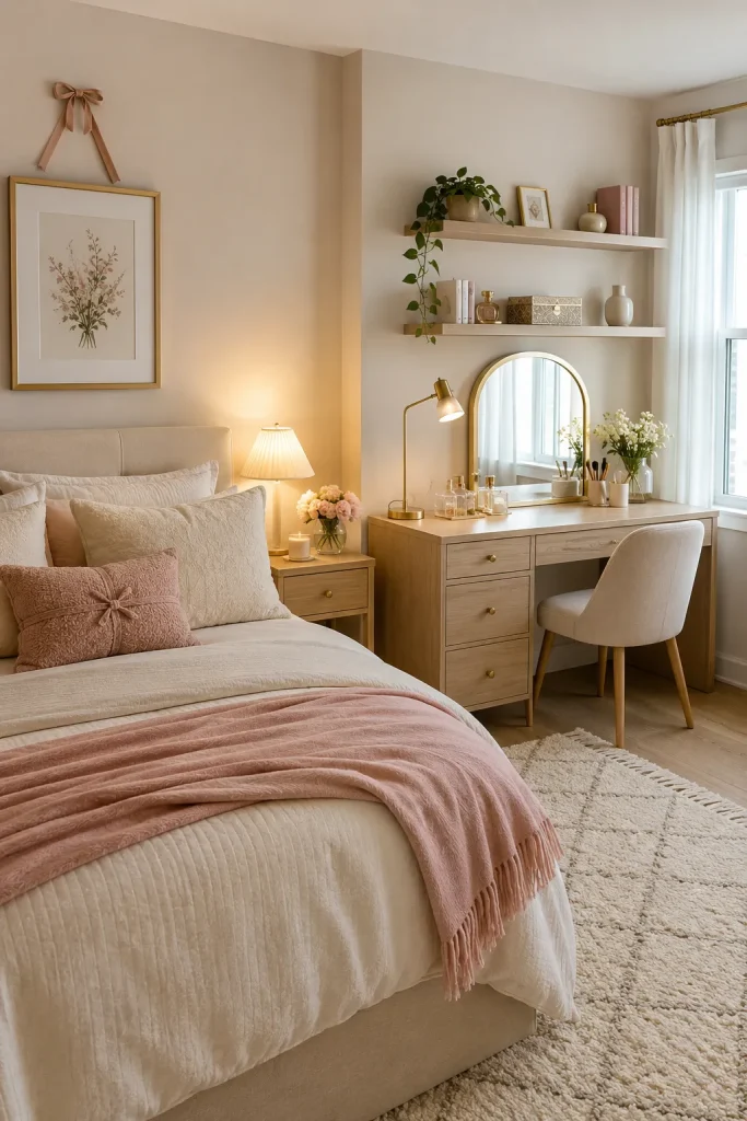 Teen girl room decor with blush bedding, mirror, vanity desk, shelves, floral accents, and warm aesthetic lighting.
