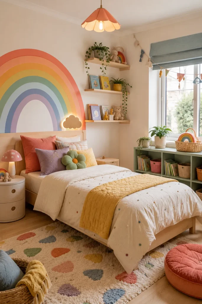 Colorful whimsical kids bedroom with rainbow accents, bright wall decor, cozy bedding, playful rug, and balanced colors.