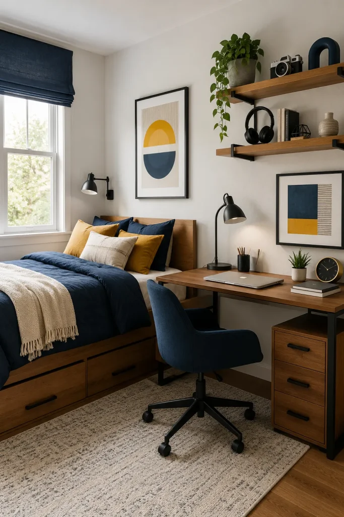 Blue and yellow teen bedroom with desk setup, navy bedding, mustard accents, wall art, shelves, and modern cozy decor.