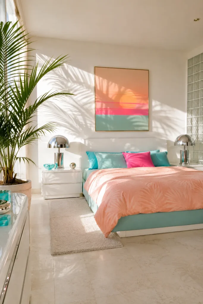 Miami-inspired 80s bedroom with white lacquer furniture, glass blocks, chrome lamp, peach and aqua bedding, palm shadows, and hot pink accents.