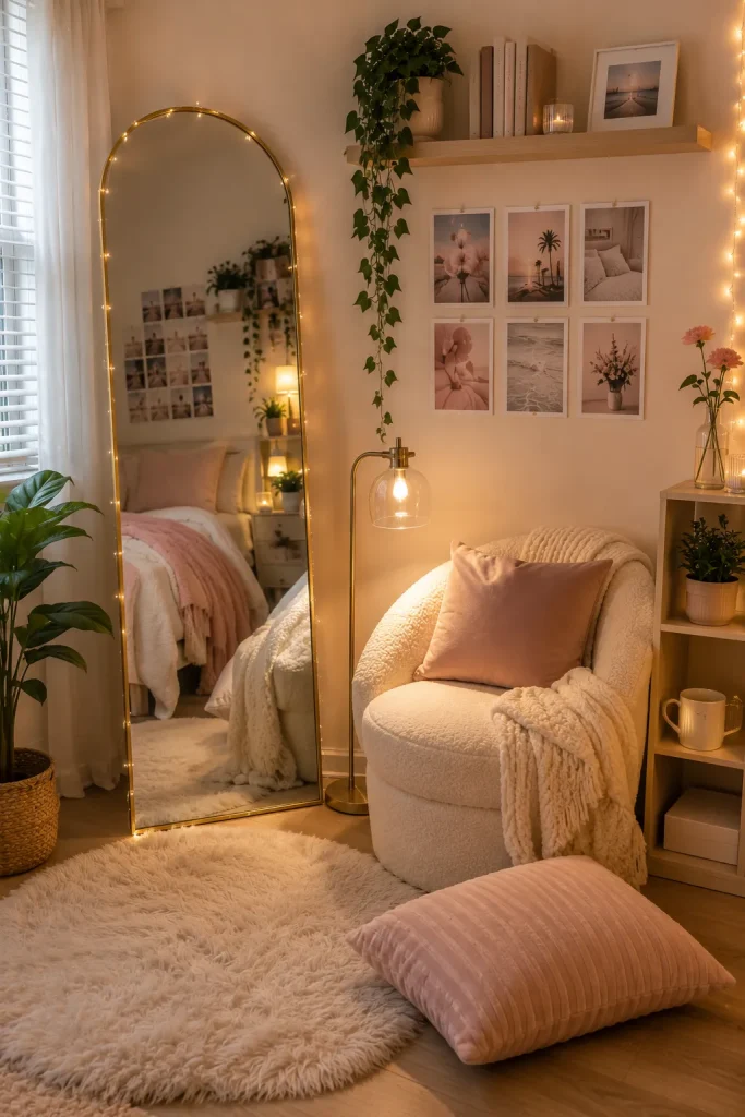 Teen room decor corner with full-length mirror, comfy chair, soft rug, lamp, plant, and aesthetic bedroom accents.