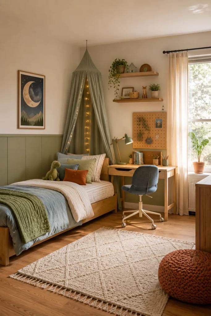 Whimsical kids bedroom idea with timeless furniture, playful bedding, desk area, simple shelves, and flexible decor.