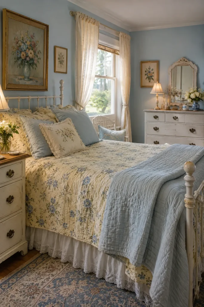 Blue and yellow cottage bedroom with floral bedding, duck egg blue accents, pale yellow decor, vintage furniture, and cozy curtains.