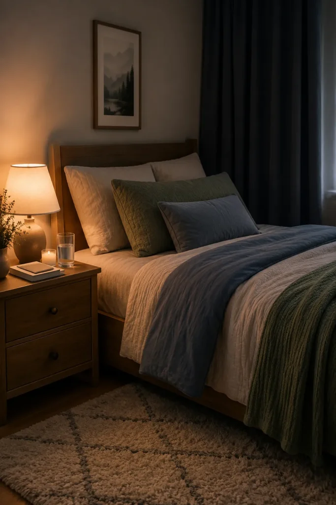 Calm teen room decor with soft bedding, warm bedside lamp, blackout curtains, organized nightstand, and peaceful sleep area.