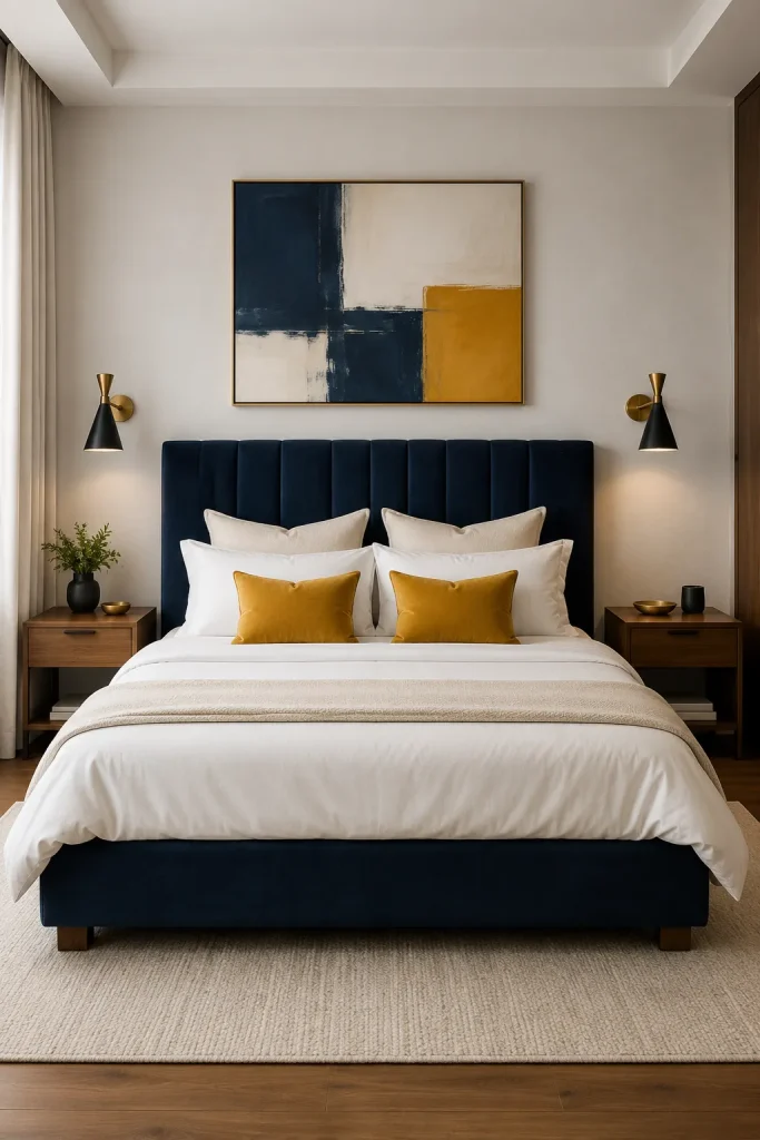 Modern blue and yellow bedroom with navy headboard, mustard pillows, white bedding, abstract wall art, and minimalist decor.
