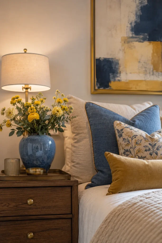 Blue and yellow bedroom decor details with ceramic vase, wall art, pillows, lamp, flowers, and cozy neutral styling.