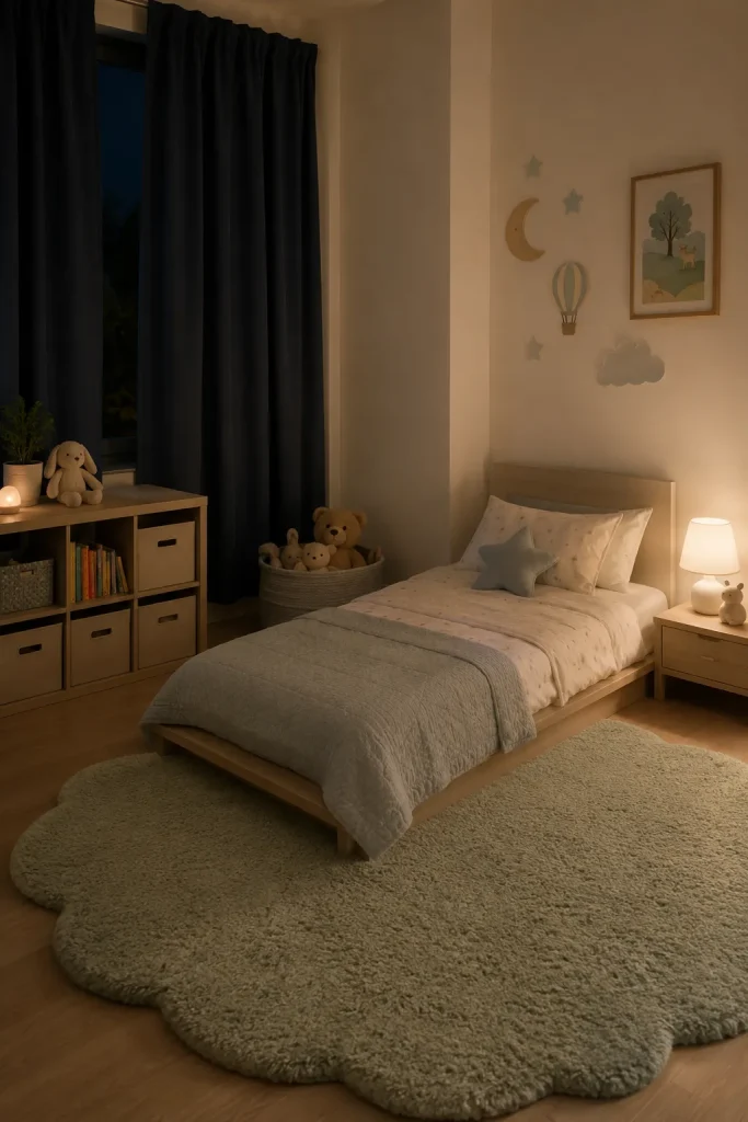 Safe whimsical kids bedroom with low bed, soft rug, anchored storage, warm lamp, calm bedding, and organized layout.