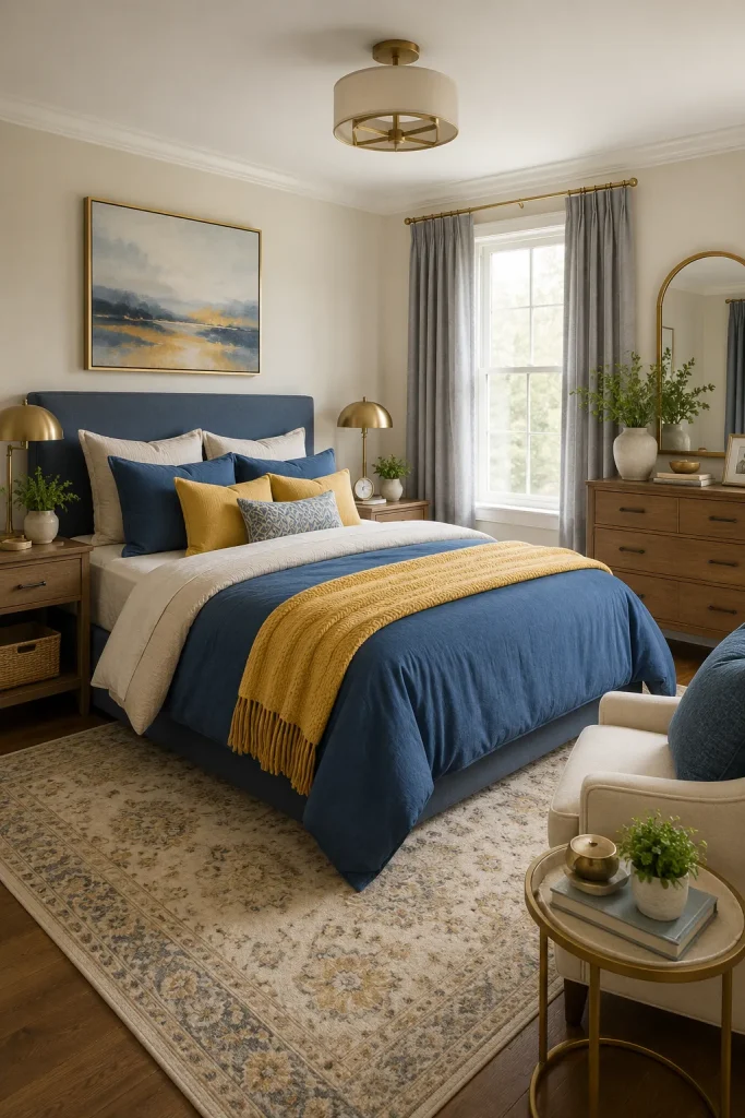 Blue and yellow bedroom with cream, beige, gray, gold, and warm wood accent colors for a balanced cozy design.