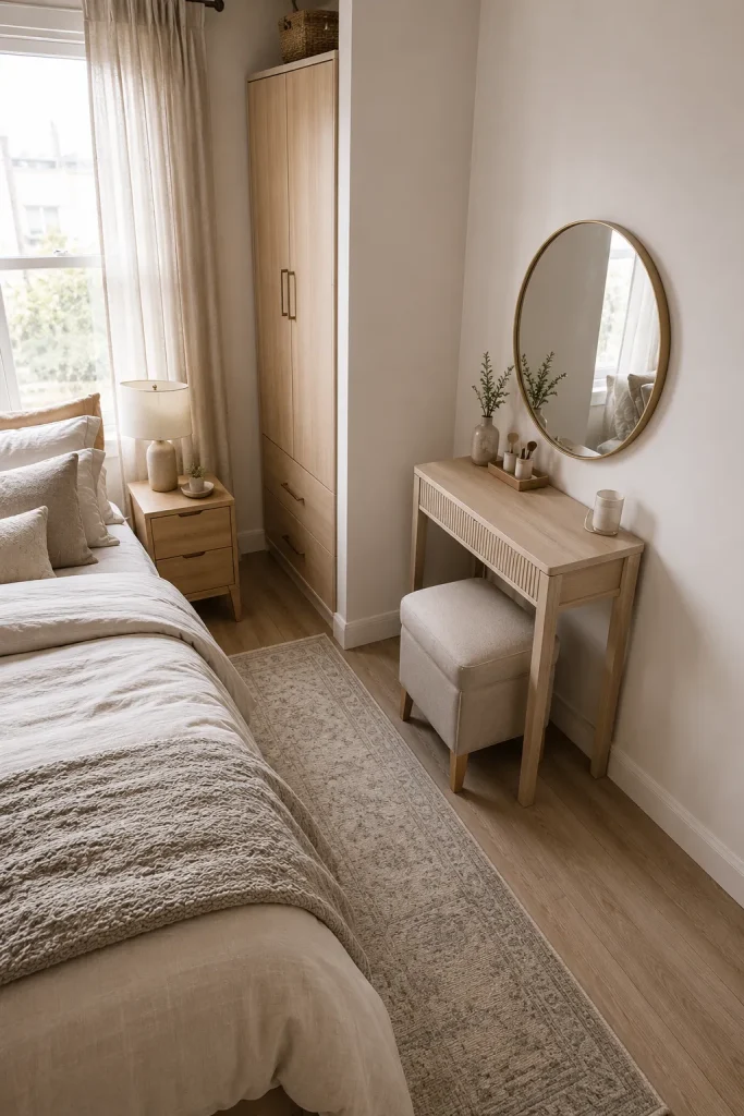 Small bedroom vanity fitted neatly against a wall with slim furniture, open floor space, soft bedding, and balanced room layout.
