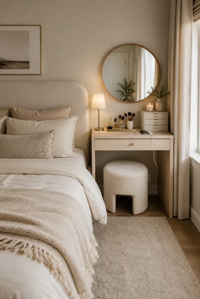Small bedroom vanity next to bed with narrow vanity desk, round mirror, bedside lamp, compact stool, and neutral bedding.