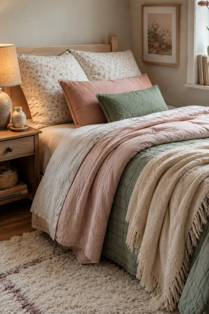 Teen room decor with layered bedding, soft pillows, throw blanket, nightstand, and cozy aesthetic bedroom colors