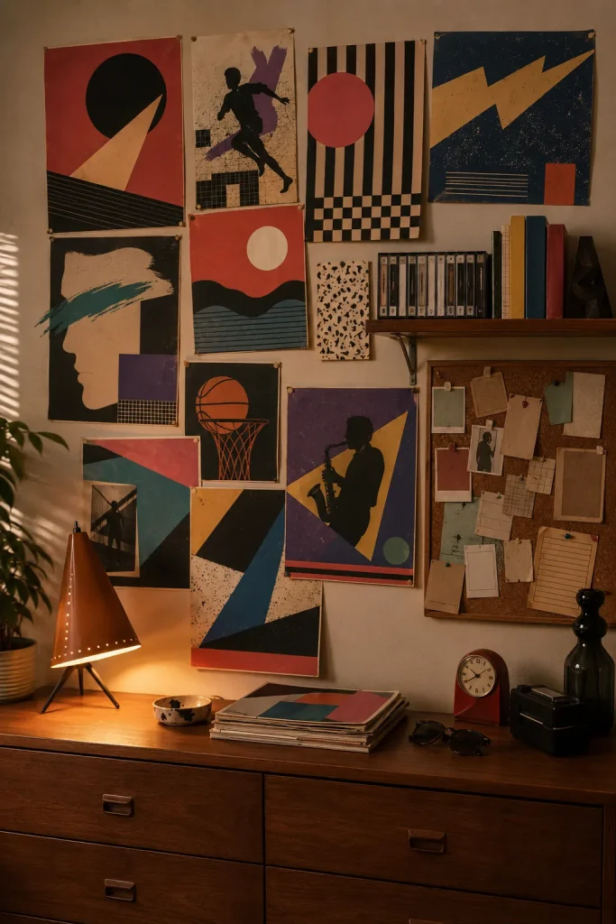 80s bedroom poster wall with layered retro-style posters, corkboard, cassette tapes, books, warm lamp, and chunky wood dresser.