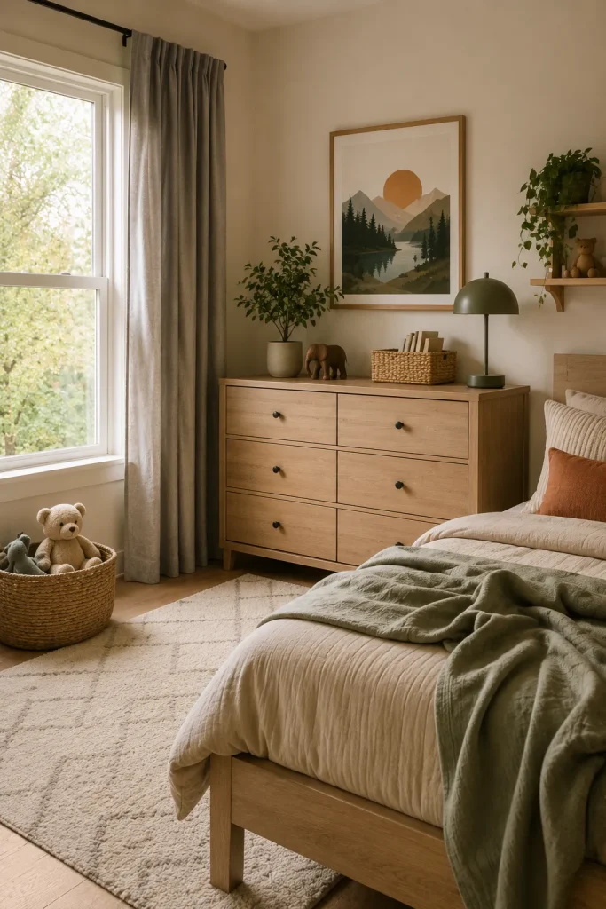 Big kids bedroom color palette with cream walls, beige bedding, sage green throw, muted accent pillows, light oak furniture, gray curtains, and patterned rug.