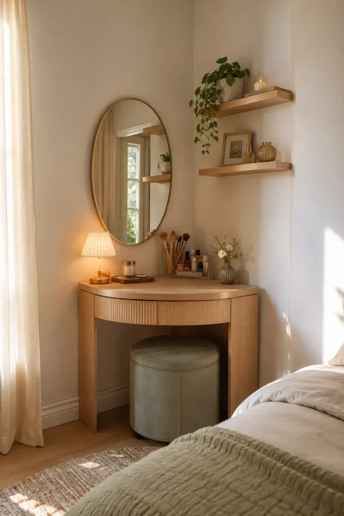 Small bedroom corner vanity with compact table, oval mirror, stool, floating shelves, makeup storage, and warm lighting.