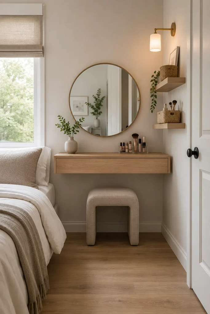 Floating vanity shelf in a small bedroom with round mirror, stool, wall shelves, soft sconce lighting, and makeup storage.