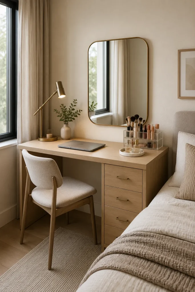 Small bedroom desk and vanity combo with wall mirror, notebook space, makeup organizer, drawers, slim chair, and task lamp.
