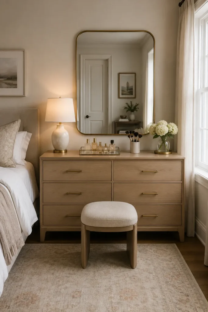 Small bedroom dresser vanity with mirror above dresser, compact stool, makeup tray, brush holder, lamp, drawers, and soft bedding nearby.